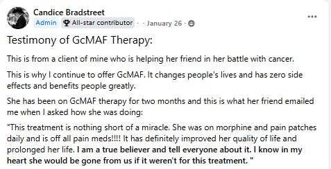 Facebook post by Candice Bradstreet — client's friend with cancer, off pain medication