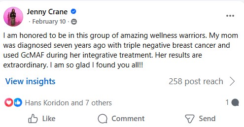 Facebook post by Jenny Crane — mother's triple negative breast cancer, extraordinary results