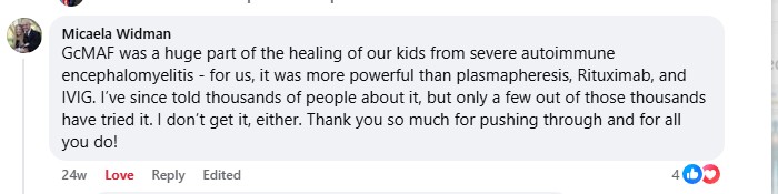 Facebook comment by Micaela Widman — children healed from severe autoimmune encephalomyelitis